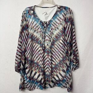 Miraclebody by Miraclesuit XL Blouse Blue Pink Abstract Ikat Print Lined Top